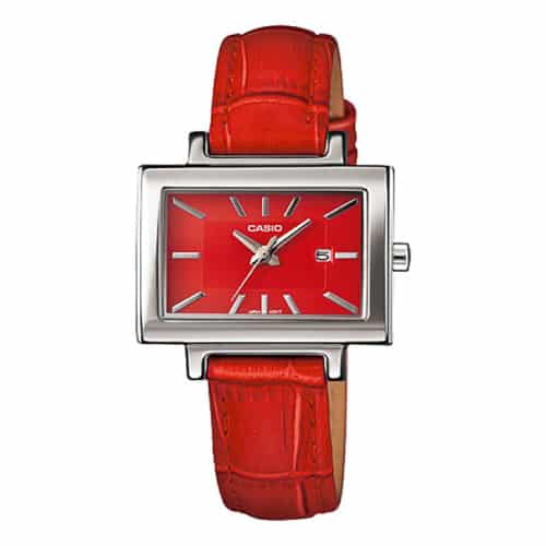 Casio Women Red Leather Quartz Watch