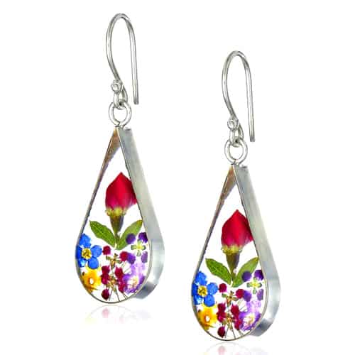 sterling silver pressed flower teardrop earrings