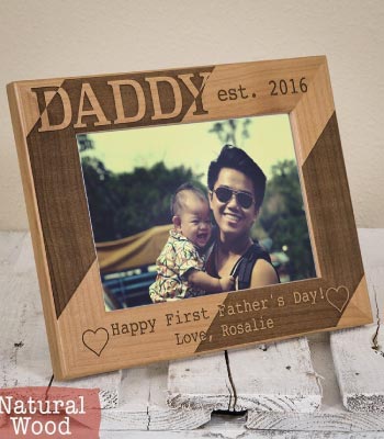 Personalized First Fathers Day Gift from Baby Daughter or Wife. Custom Wooden Photo Frame.