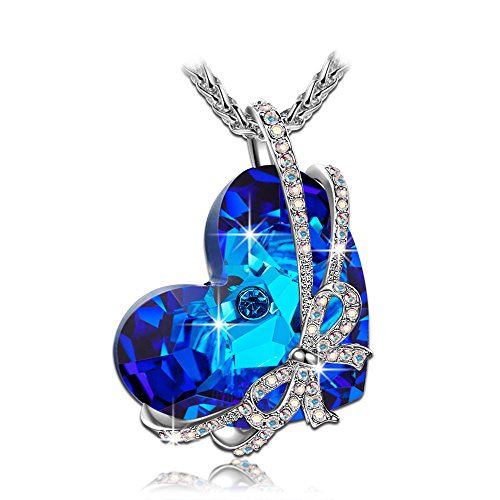 Qianse "Heart of the Ocean" Bowtie Pendant Necklace. Crsytal. 15th Wedding Anniversary Gift Ideas for Wife, for Her. Women Gifts.