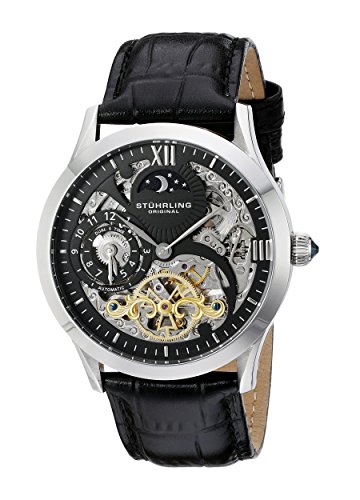 Stuhrling Original Men's Autmatic Watch. Black Leather. Chronograph. Self-winding. 15 Year Wedding Anniversary Gift Ideas for Him, for Husband. Men Gifts for Guys.