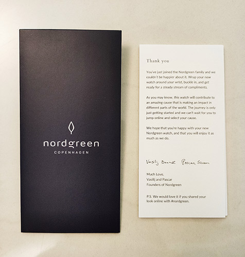 watch box and thank-you note from Nordgreen founders