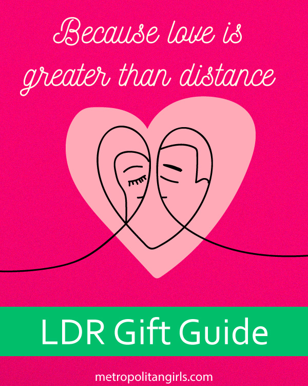 Feature image for this gift guide dedicated to long-distance relationship lovers. At the top of this image is the text Because love is greater than distance in wihte. Below the text are a couple in abstract form hugging. They are seen in a heart-shape. Below the couple says LDR gift guide. Magenta background.