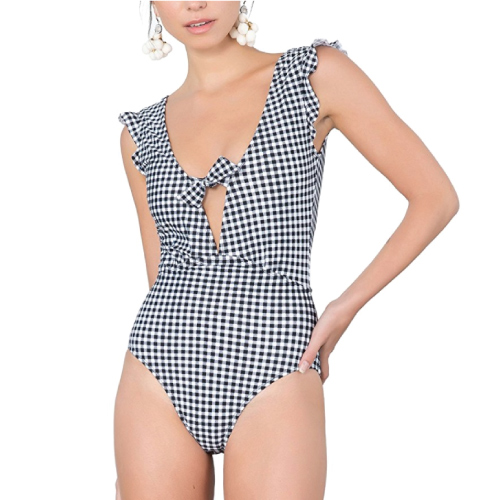 Gingham One Piece Swimsuit with Ruffle Sleeve