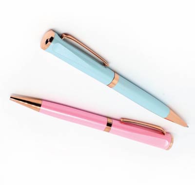 pink and baby blue ballpoint pens with rose gold accent. minimalist back to school supplies for highschool and college