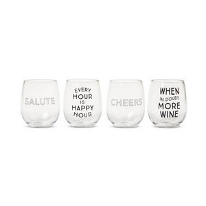 Every hour is happy hour. When in doubt more wine. Cheers. Salute. Set of 4 funny stemless wine glass | #wine #winelover #wineglasses