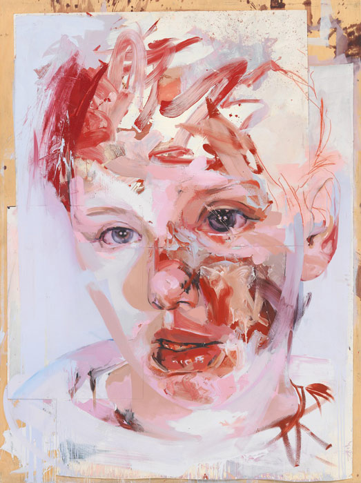 red stare collage by jenny saville - contemporary female artist. painter.