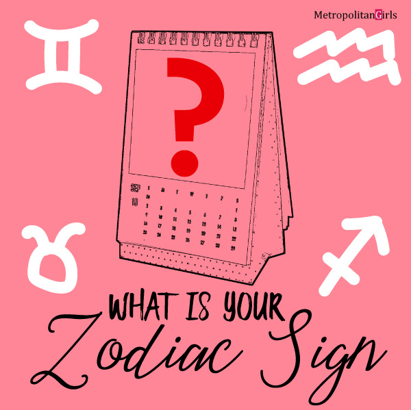 Feature image for this article. It says what is your zodiac sign at the bottom. Above the text is a standing calendar with a question mark on it. Surrounding the calendar are symbols for several zodiac signs.