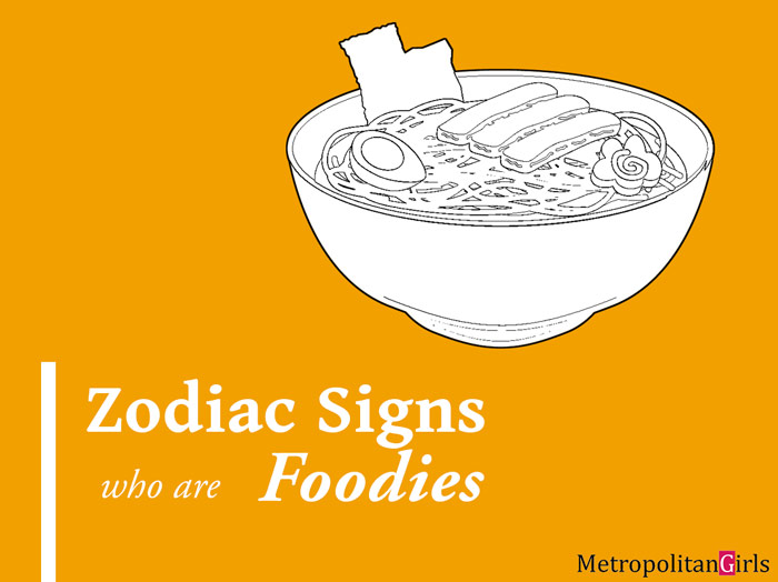 White text: Zodiac signs who are Foodies against mustard yellow background. Japanese ramen line art with black lines and white body. This is the feature image for the article which talks about star signs that are food lovers.