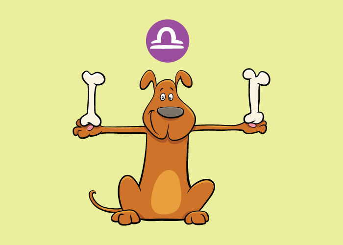 cartoon dog holding two bones like the scales