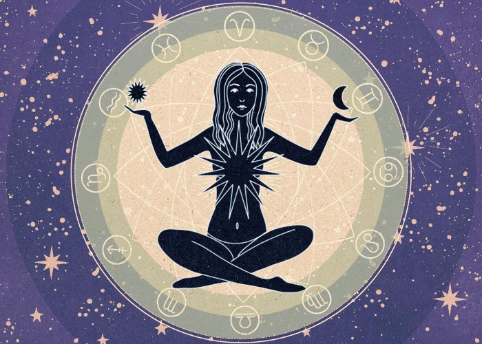 meditating woman and symbols of the twelve zodiac signs