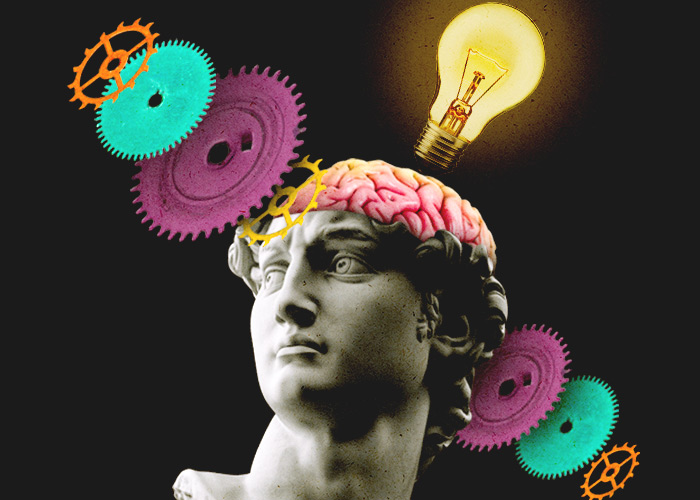 Composition: statue, brain, gears and lightbulb symbolizing idea